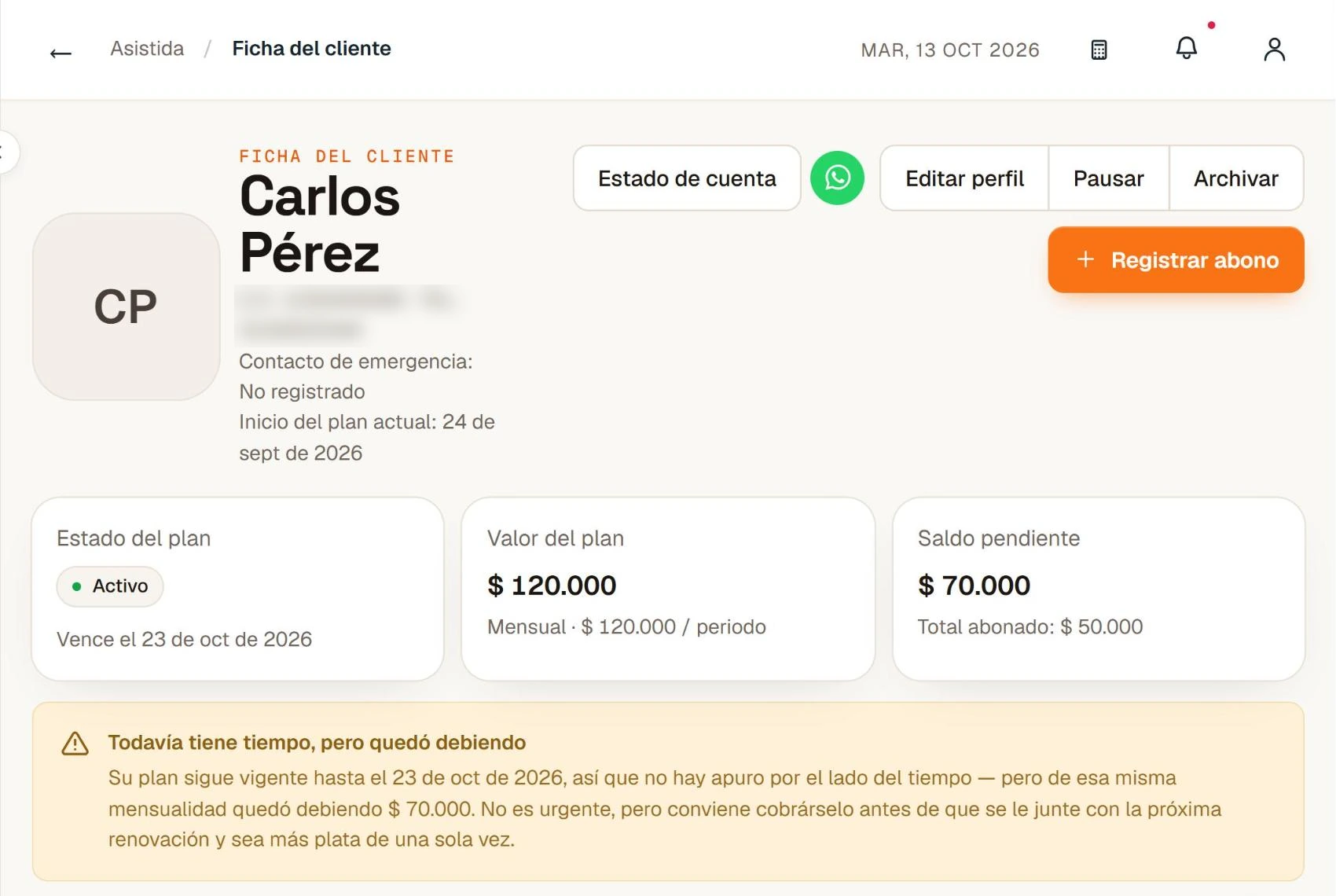 ASISTIDA, pantalla de ficha del cliente con datos de un negocio de prueba